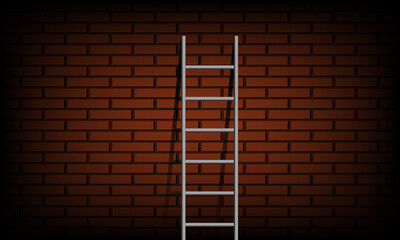 Wooden ladder leaning against red brick wall, with spotlight effect © ARIFUL