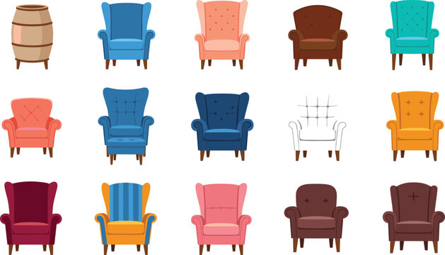 Colorful armchair and barrel furniture collection with various styles and upholstery designs, flat vector illustration set