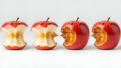 A line of apples showing the progression from whole to bitten to cores