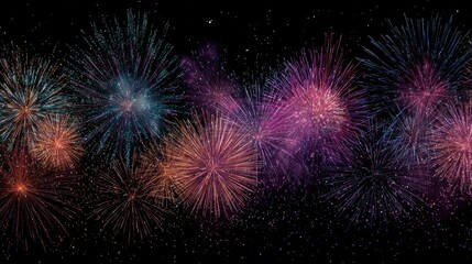 Chinese traditional lunar new year Spring Festival celebration in Asia. A vibrant display of fireworks against a deep black night sky, illuminated by a multitude of colors and sparkles.