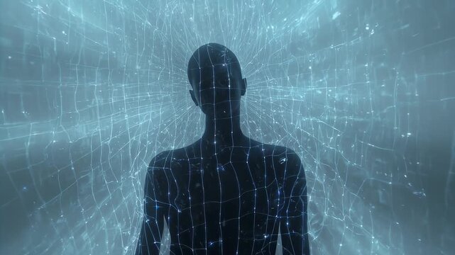 Projection starting, standing figure receiving bright grid for mapping on stage, pulsing nodes