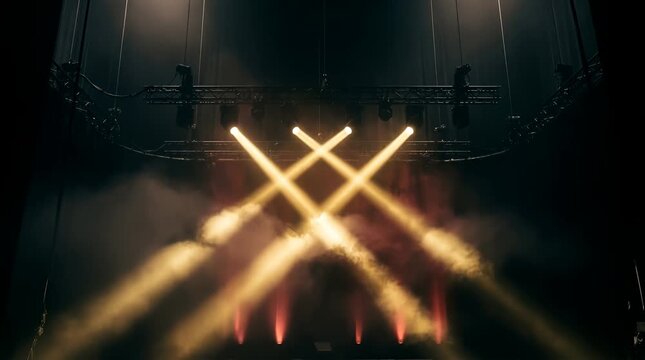 Stage rigging ceiling with moving spotlights in rolling fog, intersecting light cones forming geometric lattice patterns, gold and black lighting with subtle red accents, empty theater stage view
