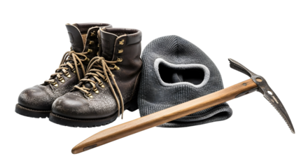 Mountaineering equipment including boots, balaclava, ice axe isolated on transparent background