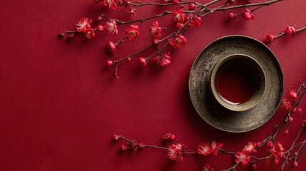 Chinese traditional lunar new year Spring Festival celebration in Asia. A topdown view of a cup of tea with a saucer, surrounded by a vibrant array of red blossoms on a deep red background.