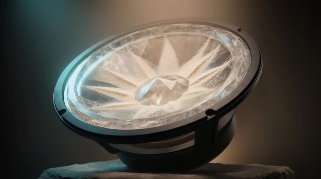 Transparent Quartz Like Speaker Cone with Sand Cymatics Patterns, Low Frequency Pulses Forming Evolving Rings