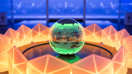 Futuristic laboratory setup featuring glowing green sphere centered within geometric light structures symbolizing advanced research energy core and scientific breakthrough in modern high tech room