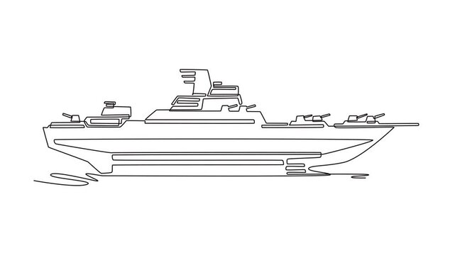 Animated self drawing of continuous line draw specialized guided missile destroyer. Sleek stealth, multiple gun turrets, and radar masts used for advanced naval warfare. Full length one line animation