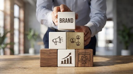 Hand arranging brand identity blocks, strategic marketing concept with icons for growth,social media,promotion and digital development in business setting
