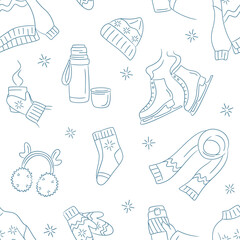 Seamless pattern with winter outline doodles. Hand drawn vector set of sketches: scarf, sweater, socks, mittens, skates, hat, thermos, mug of tea. Seasonal background for poster, banner, card