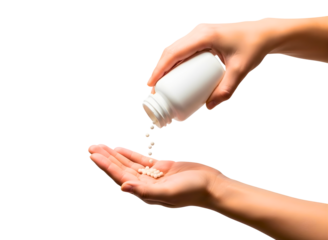 Hands pouring pills from bottle isolated on transparent background