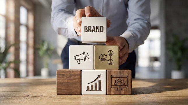 Hand arranging brand identity blocks, strategic marketing concept with icons for growth,social media,promotion and digital development in business setting