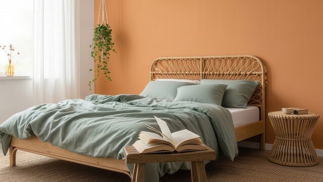 Serene and inviting light teal linen bedding gracefully draped over a natural wood frame bed with a woven rattan headboard, positioned in a warmly lit bedroom with a terracotta wall and hanging plant,