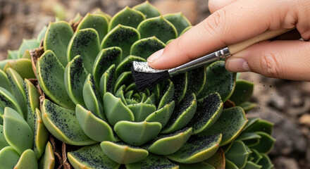 Hand painting green succulent black with brush symbolizes negative impact of our carbon footprint on environment showing destructive and sad act of pollution