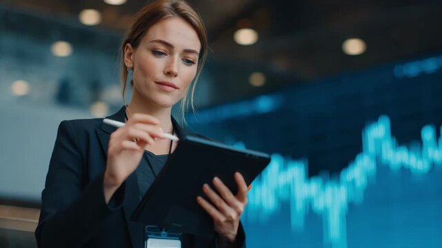 Medium shot of a marketing professional interpreting AIbased customer preference data on a tablet with a focused expression.