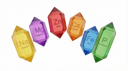 Colorful mineral crystals with chemical element labels,educational visual for essential minerals and nutrition science concepts