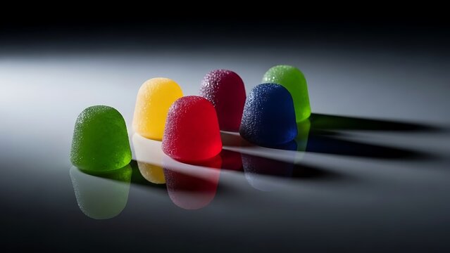 National gumdrop day close-up of vibrant sugared gumdrops on reflective dark surface