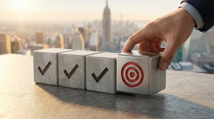 Business goals and productivity concept,hand placing metallic block with red target icon next to three check mark cubes on rooftop with city skyline,strategic planning and success