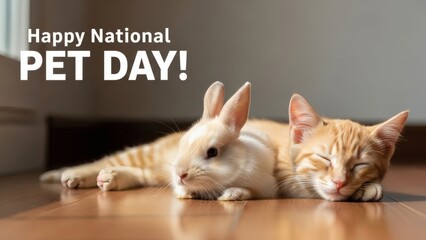 Naklejka na ściany i meble Happy National Pet Day banner with adorable rabbit and ginger kitten resting together on wooden floor in warm sunlight, cozy home scene celebrating friendship between pets and love for animals