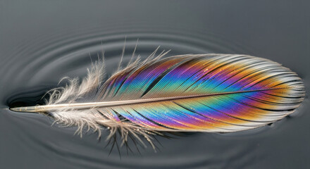 Fototapeta premium Fragile iridescent feather on water pollution highlights environment damage from our carbon footprint. oil slick contamination symbolizes an ecological disaster