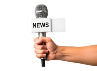 Hand holding news microphone isolated on transparent background