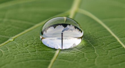 Serene macro water drop on green leaf shows refracted image. This highlights delicate balance of our environment and impact of our carbon footprint