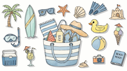 Beach Vacation Essentials Collection Illustration. © Oki