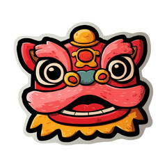 Lion Dance Head Sticker Icon Pink Face Big Eyes Cute Cartoon Vector