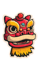 Lion Dance Head Sticker Icon Side Fringe Face Cute Flat Vector Sticker