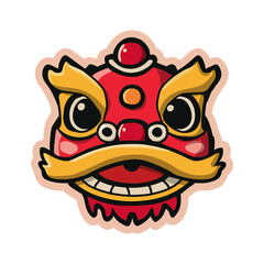 Lion Dance Head Sticker Icon Cute Face Symmetric Red Gold Vector
