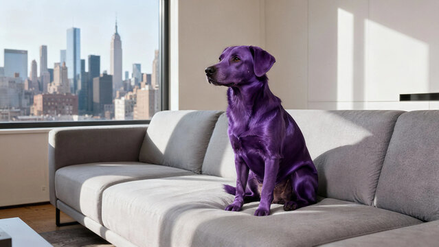 Purple dog on the sofa next to the window /Perro morado 