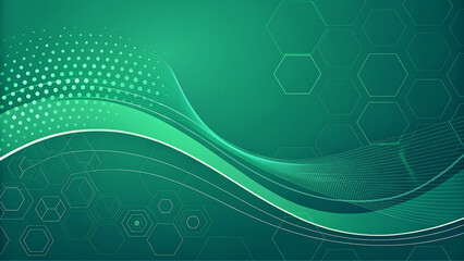 Abstract Green Technology Wave Background with Hexagons and Dots