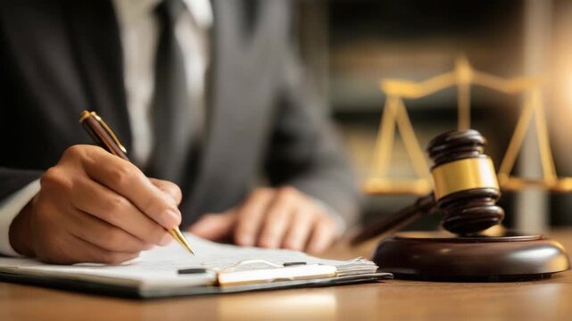 A close-up shot of a legal professional writing on paper with a gavel and scales of justice in the background.