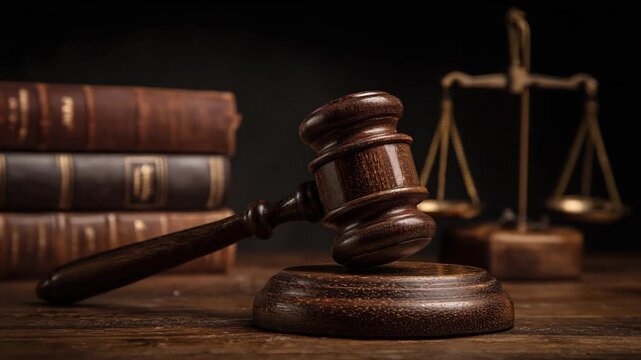 Close-up shot of a wooden gavel on a desk, next to a stack of books and balance scale. The scene evokes a sense of justice and authority