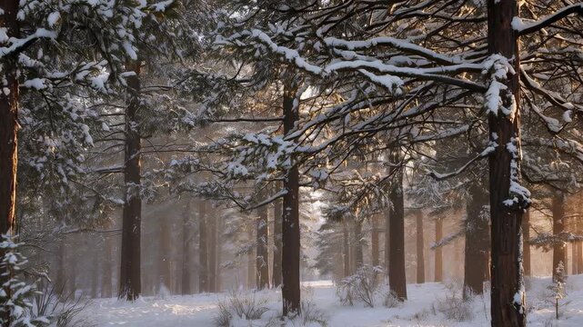 Intensifying sunlight at dawn bathing pine trunks in forest, warming sapling in mist, camera moving