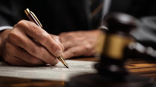 A person is signing a legal document, with a gavel visible in the foreground