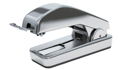 A sleek silver stapler with its top open, showcasing its metal mechanism on a black background.