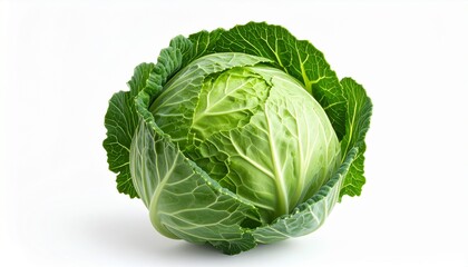 Obraz premium A fresh whole green cabbage with vibrant leaves, isolated on a clean white background. Raw vegetable is a healthy food ingredient for salads and cooking, representing organic farming and nutrition.