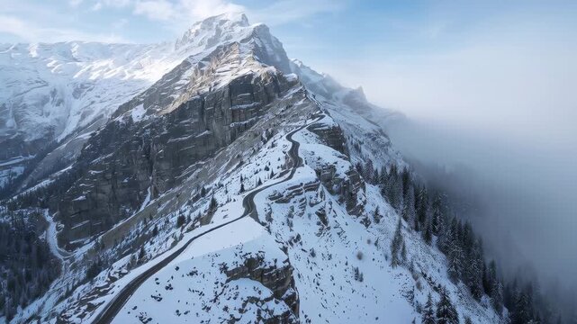 Drone starting descent, scanning snow-covered alpine ridge with winding road, capturing fog bank
