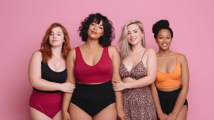 Group of diverse women in stylish swimwear pose confidently against a pink backdrop, showcasing body positivity and empowerment in a vibrant, supportive atmosphere
