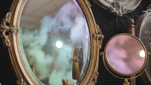 Magical Smoke Reflection in Vintage Oval Mirror, Mystical Atmosphere