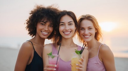 Group of three young women with diverse hairstyles and outfits, joyfully holding colorful cocktails on a beach at sunset, capturing a moment of friendship and celebration