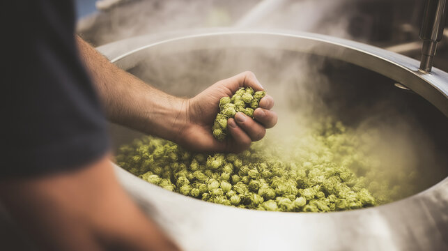 Brewer's hand holding fresh green hops over a steamy stainless steel brewing kettle, adding natural ingredients for crafting artisanal beer at a modern brewery