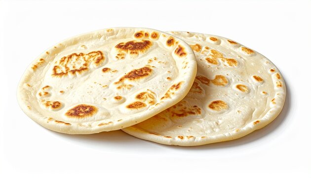Two freshly baked soft round flatbreads, resembling pita or naan bread, with toasted golden brown spots, stacked and isolated on a clean white background. Perfect for food industry concepts.