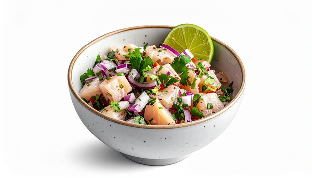 Traditional Peruvian ceviche in a ceramic bowl, featuring fresh raw fish marinated in citrus lime juice with red onion, cilantro, and spices. A healthy Latin American dish isolated on white.