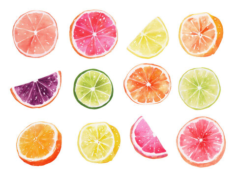Vibrant watercolor citrus fruit slices on white: grapefruit, orange, lemon, lime. Fresh, juicy, colorful artistic food illustration for summer
