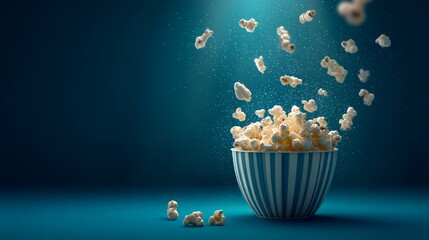 Flying Popcorn from Striped Bowl with Dark Background