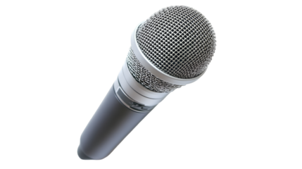 A sleek silver microphone stands out against a solid black background, ready for use.