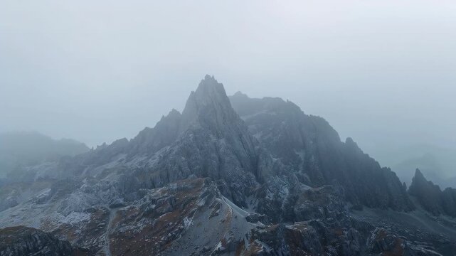 Zooming aerial camera moving jagged mountain peak closer over foggy alpine ridge, with snow dusting