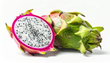 Fresh ripe dragon fruit, or pitaya, with one whole fruit and another cut in half showing the vibrant white pulp with black seeds. Exotic tropical fruit isolated on a clean white background.