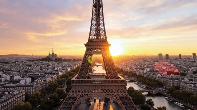Eiffel Tower Sunrise Golden Hour Aerial View Paris France Landmark